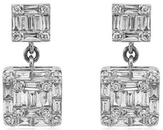 LARGE 2.04CT DIAMOND 18KT WHITE GOLD ROUND & BAGUETTE INVISIBLE HANGING EARRINGS