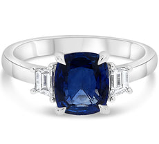 2.37CT DIAMOND AAA SAPPHIRE PLATINUM CUSHION & TRAPEZOID 3 STONE ENGAGEMENT RING