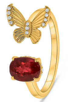 1.39CT DIAMOND & AAA RUBY 14KT YELLOW GOLD 3D OVAL BUTTERFLY SOLITAIRE LOVE RING