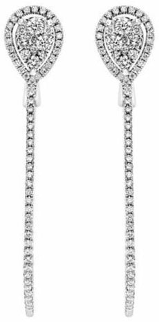 LARGE 1.16CT DIAMOND 18K WHITE GOLD 3D DOUBLE TEAR DROP CLIP ON HANGING EARRINGS