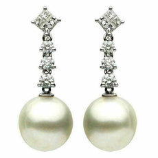 ESTATE .97CT DIAMOND & AAA SOUTH SEA PEARL 18KT WHITE GOLD LOVE HANGING EARRINGS