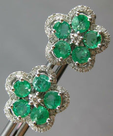 ESTATE 1.80CT DIAMOND & AAA EMERALD 18KT WHITE GOLD CLASSIC FLOWER STUD EARRINGS