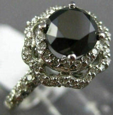 ESTATE 2.62CT WHITE & BLACK DIAMOND 14KT WHITE GOLD 3D FLOWER ENGAGEMENT RING