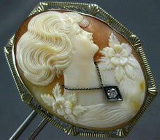 ANTIQUE LARGE .07CT DIAMOND CLASSIC LADY FLOWER CAMEO PIN PENDANT #21437