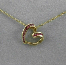 ESTATE RUBY HANGING OPEN HEART 3D CHANNEL 14KT YELLOW GOLD PENDANT + CHAIN ##925