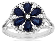 1.98CT DIAMOND & AAA SAPPHIRE 14KT WHITE GOLD PEAR SHAPE & ROUND FLOWER FUN RING