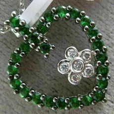 ESTATE 1.09CT DIAMOND & AAA GREEN RUBY 14KT WHITE GOLD FLOWER OPEN HEART PENDANT
