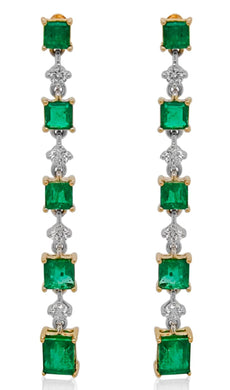 2.94CT DIAMOND & AAA EMERALD 18KT 2 TONE GOLD PRINCESS & ROUND HANGING EARRINGS