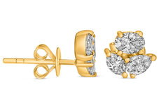 .81CT DIAMOND 14K YELLOW GOLD OVAL PEAR & MARQUISE 3 STONE CLUSTER STUD EARRINGS