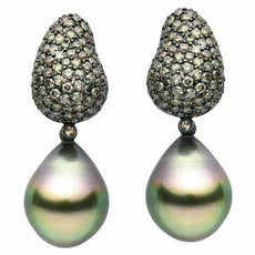 LARGE 2.65CT MOCHA DIAMOND & AAA TAHITIAN PEARL 18KT BLACK GOLD CLUSTER EARRINGS