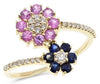 WIDE .88CT DIAMOND & AAA BLUE & PINK SAPPHIRE 14K YELLOW GOLD DOUBLE FLOWER RING