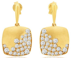 1.0CT DIAMOND 14KT YELLOW GOLD ETOILE SQUARE MATTE & SHINY FUN HANGING EARRINGS