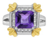3.0CT DIAMOND & AAA AMETHYST 14KT 2 TONE GOLD PRINCESS & ROUND FLOWER LOVE RING