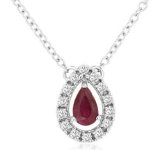 .38CT DIAMOND & AAA RUBY 14K WHITE GOLD 3D PEAR SHAPE & ROUND SOLITAIRE NECKLACE