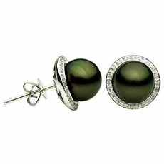 ESTATE .10CT DIAMOND & AAA TAHITIAN PEARL 14KT WHITE GOLD 3D HALO STUD EARRINGS