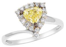 1.03CT WHITE & FANCY YELLOW DIAMOND 18KT 2 TONE GOLD ROUND & TRILLION HALO RING