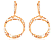 LARGE .45CT DIAMOND 14K ROSE GOLD DOUBLE CIRCULAR BAMBOO HUGGIE HANGING EARRINGS