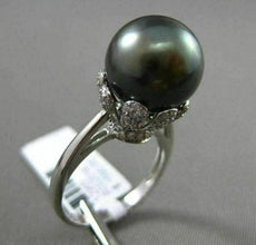 ESTATE LARGE .38CT DIAMOND 18KT WHITE GOLD TAHITIAN PEARL FLOWER SOLITARE RING