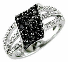 .83CT WHITE & BLACK DIAMOND 14KT WHITE GOLD 3D THREE ROW LEAF PAVE FUN RING