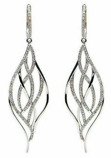 ESTATE .82CT DIAMOND 18KT WHITE GOLD 3D CLASSIC TEAR DROP LOVE HANGING EARRINGS