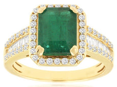 LARGE 3.15CT DIAMOND & AAA EMERALD 14KT YELLOW GOLD 3D EMERALD CUT & ROUND RING