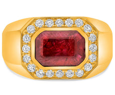 LARGE 3.05CT DIAMOND & RUBY 14KT YELLOW GOLD 3D EMERALD CUT SOLITAIRE MEN'S RING