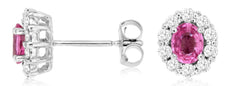 1.35CT DIAMOND & AAA PINK SAPPHIRE 14KT WHITE GOLD 3D OVAL & ROUND STUD EARRINGS