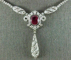 ANTIQUE LARGE 9.90CT DIAMOND & AAA RUBY 18K WHITE GOLD 3D LARIAT TENNIS NECKLACE