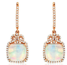 3.22CT DIAMOND & AAA OPAL 14KT ROSE GOLD CUSHION & ROUND CROWN HANGING EARRINGS