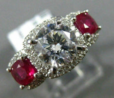 ESTATE LARGE 2.41CT DIAMOND & AAA RUBY 14KT WHITE GOLD 3 STONE ENGAGEMENT RING