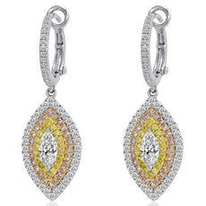 1.72CT MULTI COLOR DIAMOND 18K TRI COLOR GOLD CLASSIC TEAR DROP HANGING EARRINGS