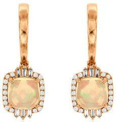 2.09CT DIAMOND & AAA OPAL 14KT ROSE GOLD 3D CUSHION HALO SQUARE HANGING EARRINGS