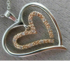 ESTATE .05CT DIAMOND 14K WHITE & ROSE GOLD 3D DOUBLE HEART LOVE FLOATING PENDANT
