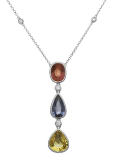 10.02CT DIAMOND & AAA MULTI COLOR SAPPHIRE 18KT WHITE GOLD 3D TEAR DROP NECKLACE