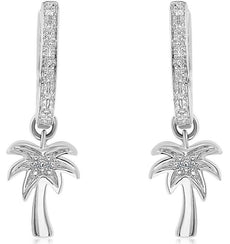 ESTATE .02CT DIAMOND 14KT WHITE GOLD 3D PALMTREE FUN HANGING EARRINGS