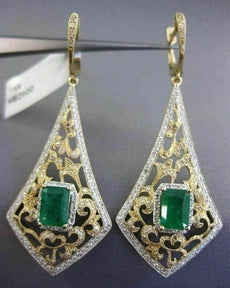 ESTATE LARGE 3.15CT DIAMOND EMERALD 14KT TWO TONE GOLD FILIGREE HANGING EARRINGS