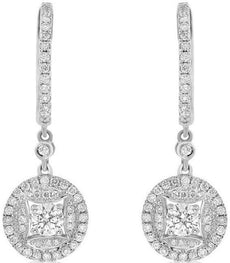 ESTATE .95CT DIAMOND 14K WHITE GOLD 3D ROUND & PRINCESS CLASSIC HANGING EARRINGS