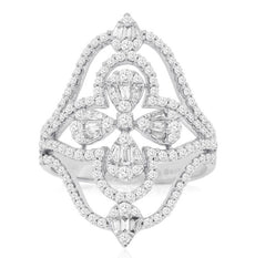 LARGE 1.04CT DIAMOND 14KT WHITE GOLD ROUND & BAGUETTE FLORAL OPEN FILIGREE RING
