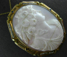 ANTIQUE LARGE PEARL & SAPPHIRE 14K YELLOW GOLD SHELL CAMEO PIN PENDANT #19939
