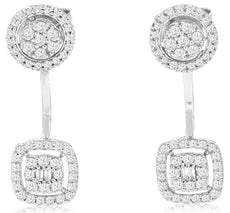 .60CT DIAMOND 14K WHITE GOLD 3D ROUND & BAGUETTE CLUSTER FLOWER HANGING EARRINGS