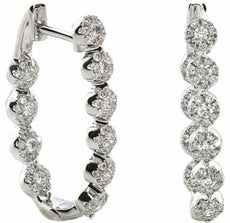ESTATE LARGE 1.85CT DIAMOND 18K WHITE GOLD 3D MULTI FLOWER HOOP HANGING EARRINGS