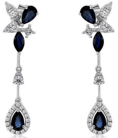 1.86CT DIAMOND & AAA SAPPHIRE 14K WHITE GOLD MULTI SHAPE FLOWER HANGING EARRINGS
