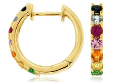 1.10CT AAA MULTI COLOR SAPPHIRE 14KT YELLOW GOLD 3D HUGGIE HOOP HANGING EARRINGS