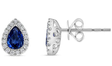 1.03CT DIAMOND AAA SAPPHIRE 14K WHITE GOLD PEAR SHAPE & ROUND HALO STUD EARRINGS