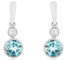 .25CT DIAMOND & AAA BLUE TOPAZ 14KT WHITE GOLD 3D ROUND 2 STONE HANGING EARRINGS