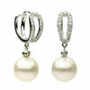 ESTATE .26CT DIAMOND & AAA PEARL 14K WHITE GOLD 3D BEZEL HUGGIE HANGING EARRINGS