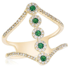 LARGE .46CT DIAMOND & AAA EMERALD 14KT YELLOW GOLD MULTI FLOWER V SHAPE BAR RING