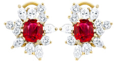 5.65CT DIAMOND & AAA RUBY 18KT YELLOW GOLD OVAL & ROUND MARQUISE FLOWER EARRINGS