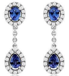 .96CT DIAMOND & AAA TANZANITE 14KT WHITE GOLD TEAR DROP FLOWER HANGING EARRINGS