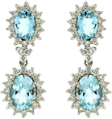 5CT DIAMOND & AAA AQUAMARINE 14K WHITE GOLD OVAL DOUBLE FLOWER HANGING EARRINGS
